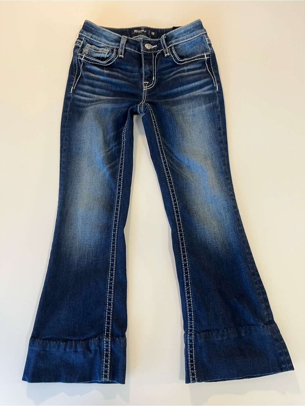 Miss Me Girls Mid-Rise Boot cut Jeans Contrast Stitching Rhinestones size 12